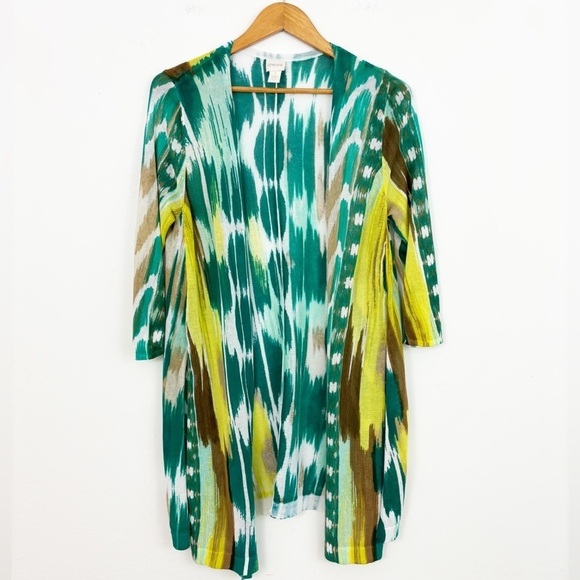 Chico’s Green Multicolor Print Longline Cotton Blend Open Front Cardigan Size 1 - Picture 1 of 16